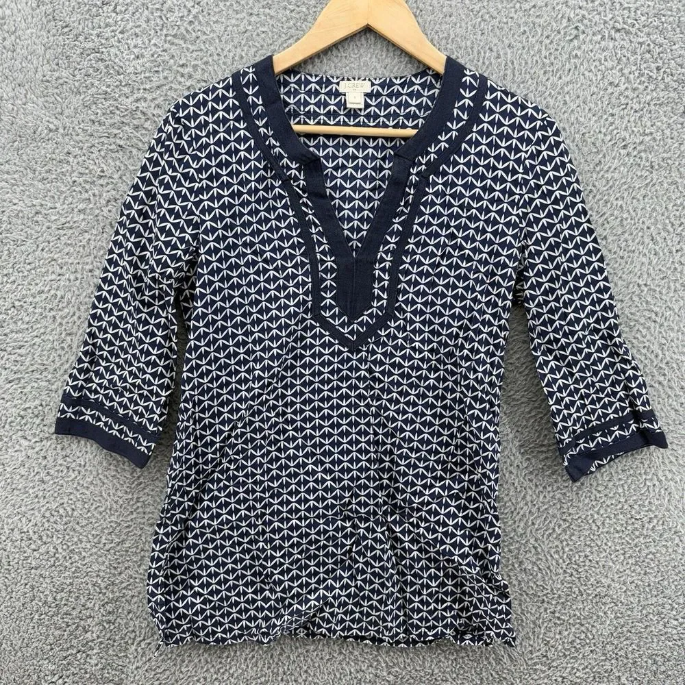 J Crew Womens Small Retro Boho Geometric V-Neck Tunic 3/4 Sleeves Navy White‎